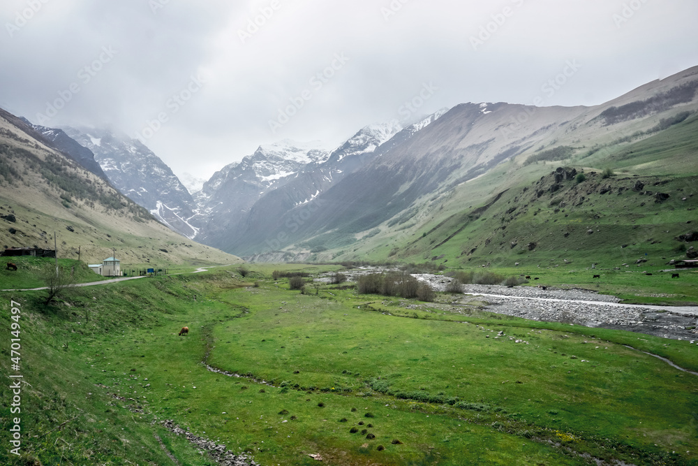 Beautiful Midagrabin valley in spring in North Ossetia