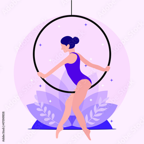 Aerial acrobat in the ring. A young girl performs the acrobatic elements in the air ring. Vector illustration