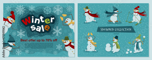Winter sale banner template with snowman and set of snowman. Vector illustration in flat style.  