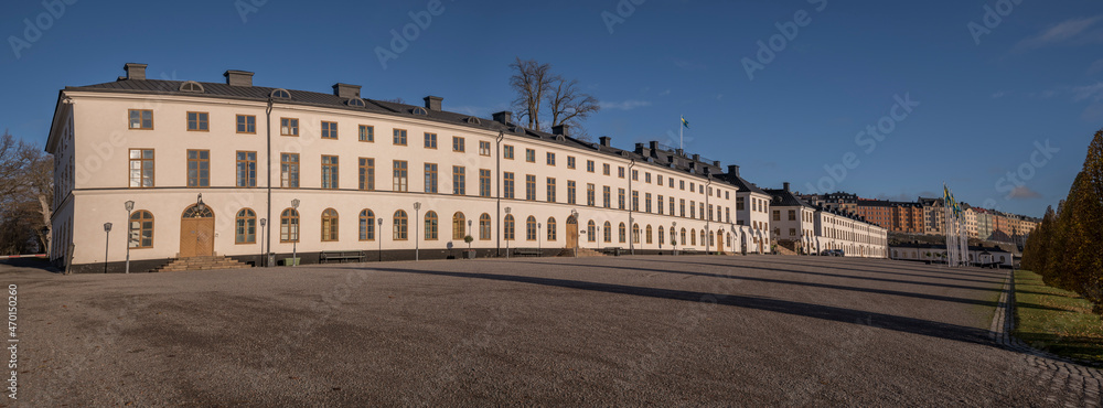 The castle Karlbergs Slott and the district Vasastan at the skyline a sunny autumn day in Stockholm