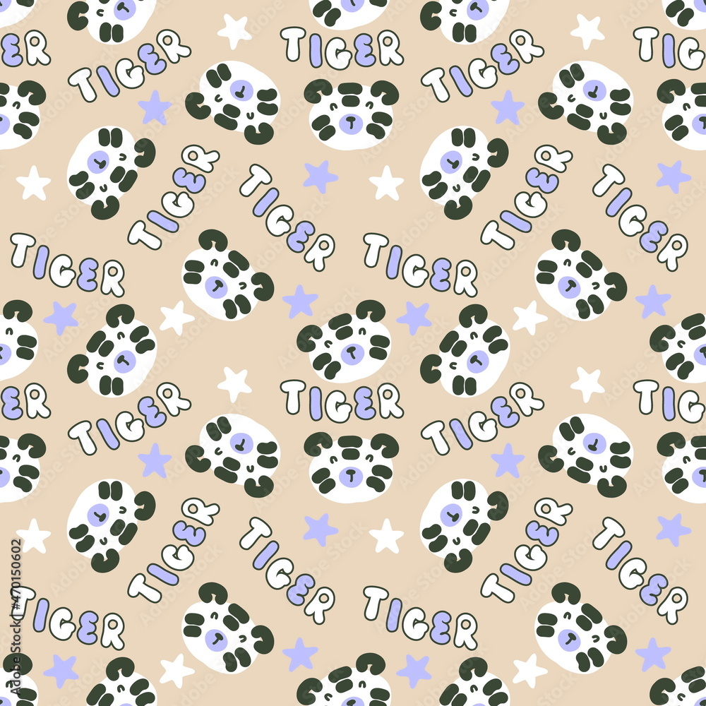 Seamless pattern with tiger faces, stars and text TIGER. Perfect for T-shirt, textile and print. Hand drawn illustration for decor and design. Seamless pattern with tiger faces, stars and text TIGER. Perfect for T-shirt, textile and print. Hand drawn illustration for decor and design.