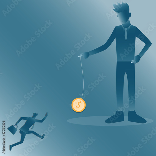 Flat of business concept,The big man use money as bait to lure small size man - vector