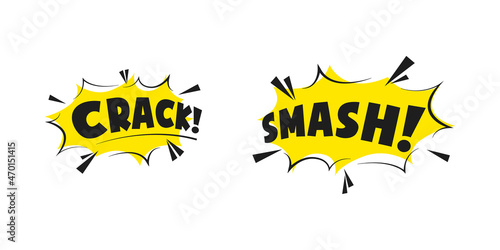 Crack and smash comic words in burst effect yellow frame. Comics text retro curve exploding illustration.