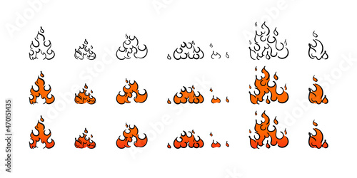 Fire doodle collection, flame emblem in hand drawn scribble style, blazing handdrawn bonfire icon set.