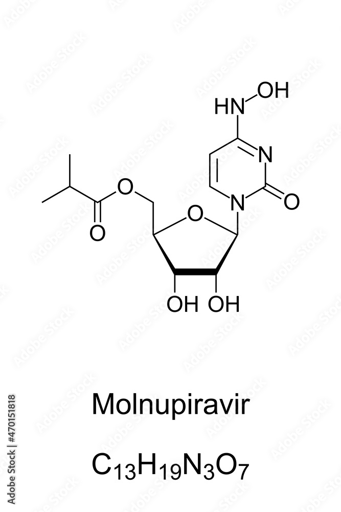 Fototapeta premium Molnupiravir, chemical formula and skeletal structure. Antiviral medication. Inhibits the replication of certain RNA viruses. Prodrug of the synthetic nucleoside derivative N4-hydroxycytidine. Vector.