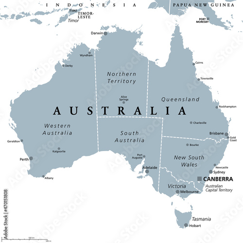 Australia, gray political map, with capital Canberra, internal administrative boundaries, and most important cities. Officially the Commonwealth of Australia, a sovereign country. Illustration. Vector