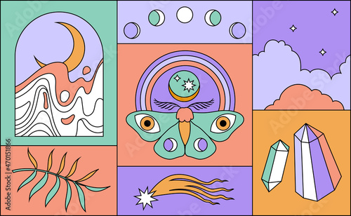 Abstract old aesthetic groovy backgrounds set. Modern vintage comics illustrations. Retro, trendy, nostalgic, colorful style 70s, 80s, 90s. Posters, social media posts, stories templates.