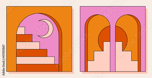 Abstract old aesthetic groovy backgrounds set. Modern vintage comics illustrations. Retro, trendy, nostalgic, colorful style 70s, 80s, 90s. Posters, social media posts, stories templates.