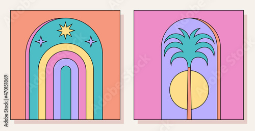 Abstract old aesthetic groovy backgrounds set. Modern vintage comics illustrations. Retro, trendy, nostalgic, colorful style 70s, 80s, 90s. Posters, social media posts, stories templates.