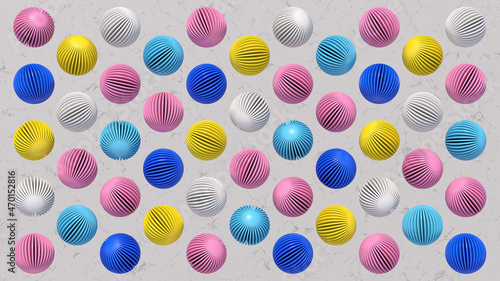 Group of colorful textured spheres. Textured background. Abstract illustration, 3d render.