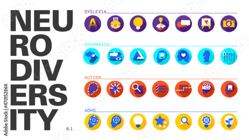 Set of various icons for some neurodiverse conditions (Dyslexia, Dyspraxia, Autism and ADHD) based on the most commons traits but also their strengths. photo