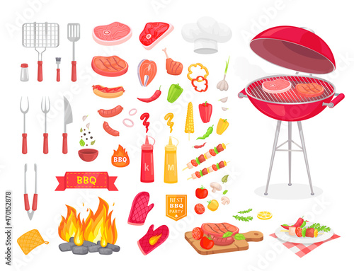 Collection of BBQ cutlery and various meat dishes, vector illustration, icons of barbecue steaks and sausages, vegetables and kebabs, knife and grid. Set of BBQ objects