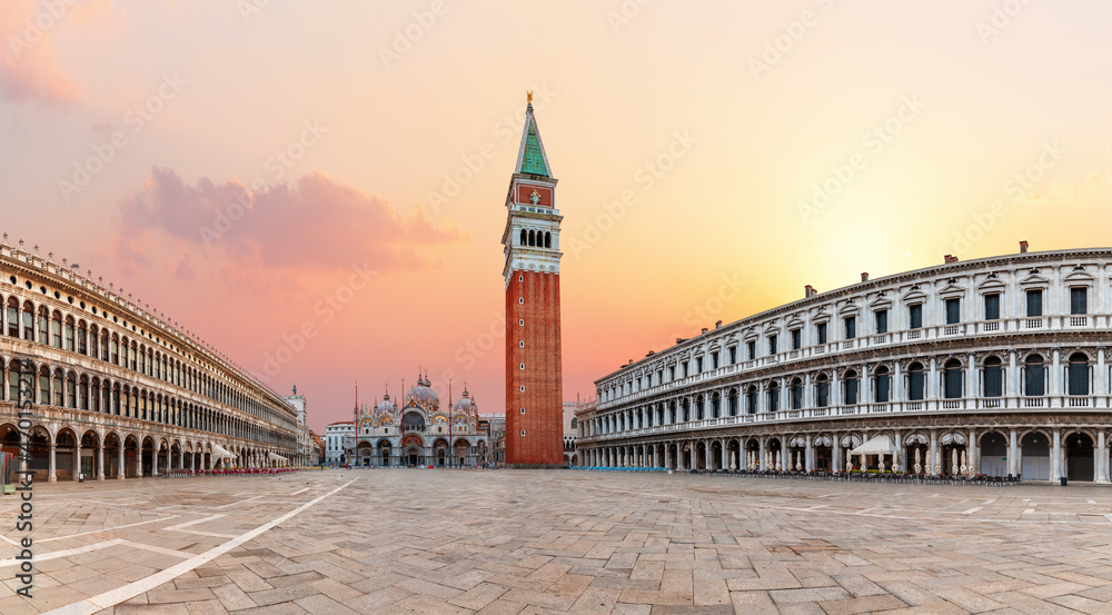Square Piazza San Marco sunset panorama, Venice, Italy