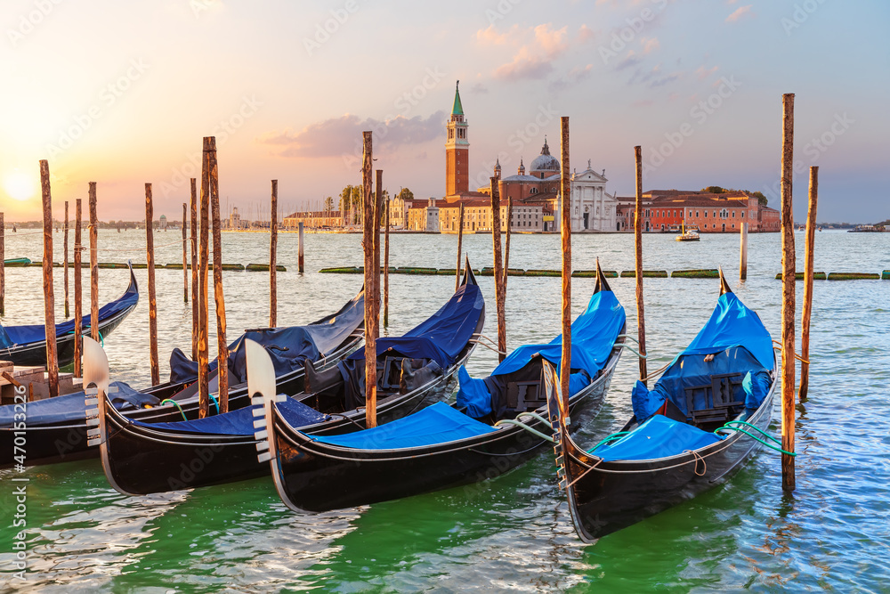Gondolas and St. George Monastery in the background, Venice, Italy