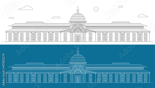Die Fischauktionshalle in Hamburg-Altona als Vektor-Linienzeichnung. 