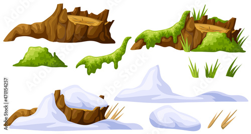 Broken tree in moss, under snow. Cartoon stump in lichen in swamp jungle. Mouldering oak and snowdrifts. Isolated vector elements game style on white background.