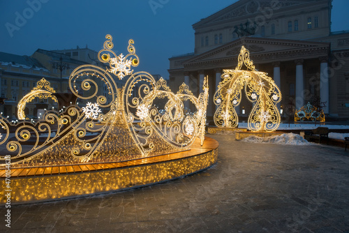 Festive Moscow. New year in Russia. New year's decoration of Moscow streets. Christmas decorations in front of the Bolshoi theater. Misty winter morning in Moscow. Christmas in Russia.