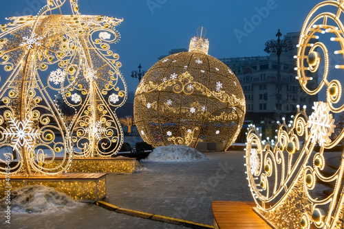 Festive Moscow. New year in Russia. New year's decoration of Moscow streets. Christmas decorations in front of the Bolshoi theater. Misty winter morning in Moscow. Christmas in Russia.