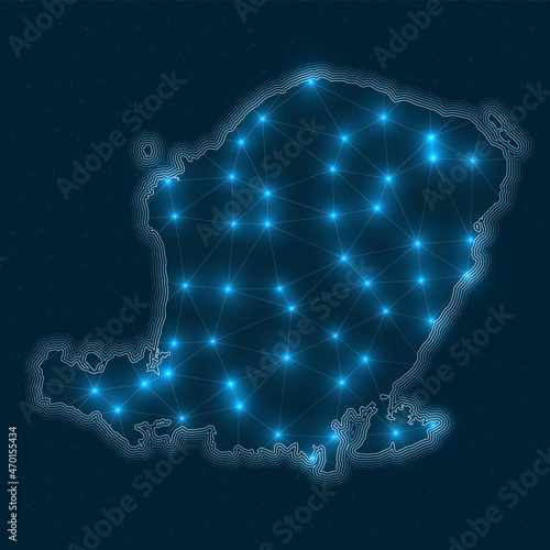Lombok network map. Abstract geometric map of the island. Digital connections and telecommunication design. Glowing internet network. Beautiful vector illustration.