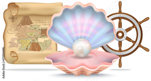 Marine inventory isolated on white background. Shell with pearl, map and steering wheel for being at sea. Inventory, treasure, nautical design items. Marine life symbols flat vector illustration