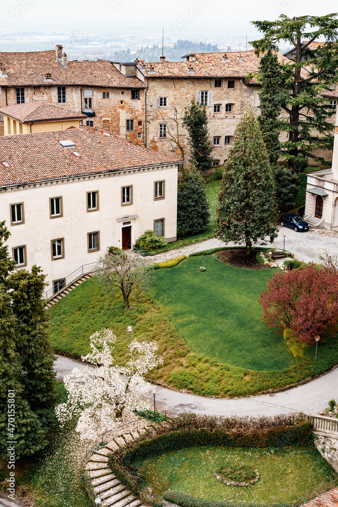 Green flowerbed with trees in the courtyard of an old house in Bergamo. Top view