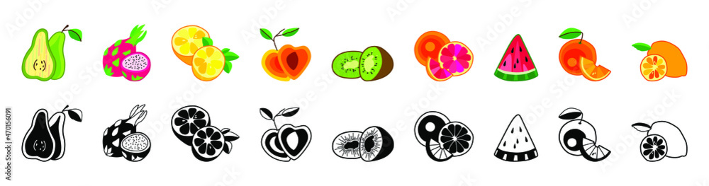 Pear grapefruit peach watermelon orange kiwi lemon dragon fruit mango strawberry on white background. Vector illustration. Collection of fruit and citrus icons. Silhouettes of tropical fruits. Line Pear grapefruit peach watermelon orange kiwi lemon dragon fruit mango strawberry on white background. Vector illustration. Collection of fruit and citrus icons. Silhouettes of tropical fruits. Line