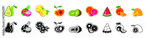 Pear grapefruit peach watermelon orange kiwi lemon dragon fruit mango strawberry on white background. Vector illustration. Collection of fruit and citrus icons. Silhouettes of tropical fruits. Line