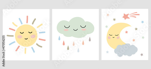 Set of cute sun, cloud, and moon characters in soft pastel colors for baby shower, wall art, print, invitation, room decoration. Vector illustration. Hand drown nursery design.