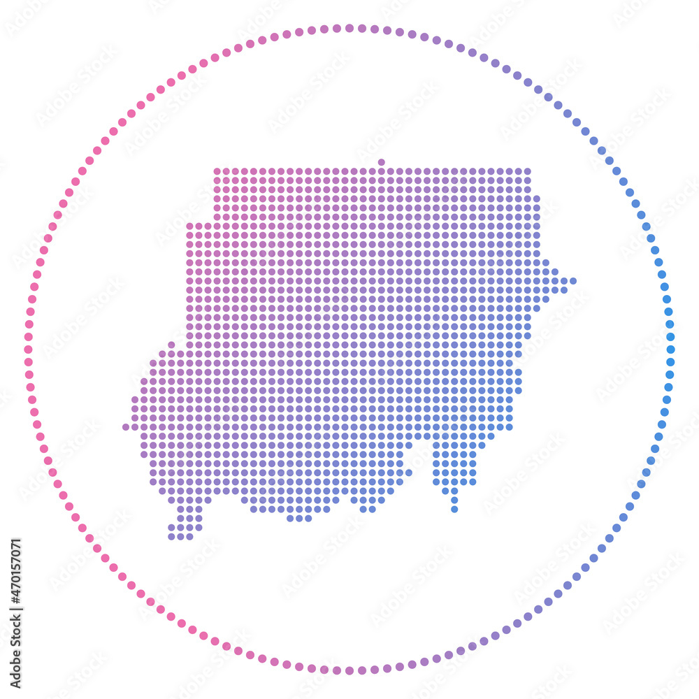 Sudan digital badge. Dotted style map of Sudan in circle. Tech icon of the country with gradiented dots. Cool vector illustration.