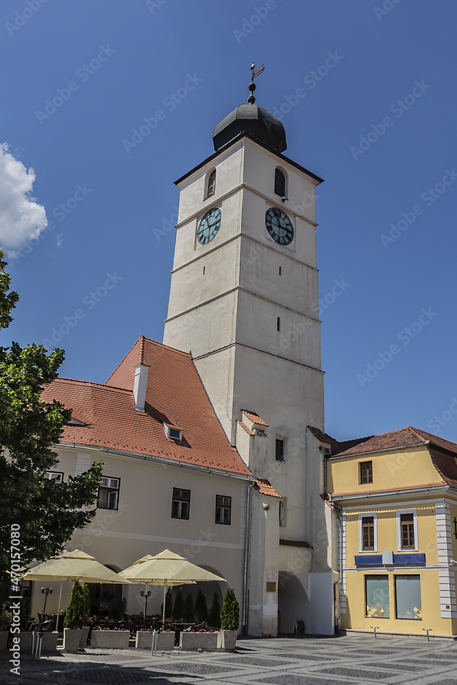 12th century Council Tower of Sibiu (Turnul Sfatului or Hermannstadter Ratsturm) - tower situated in Sibiu Historic center. Sibiu city, Transylvania, Romania.