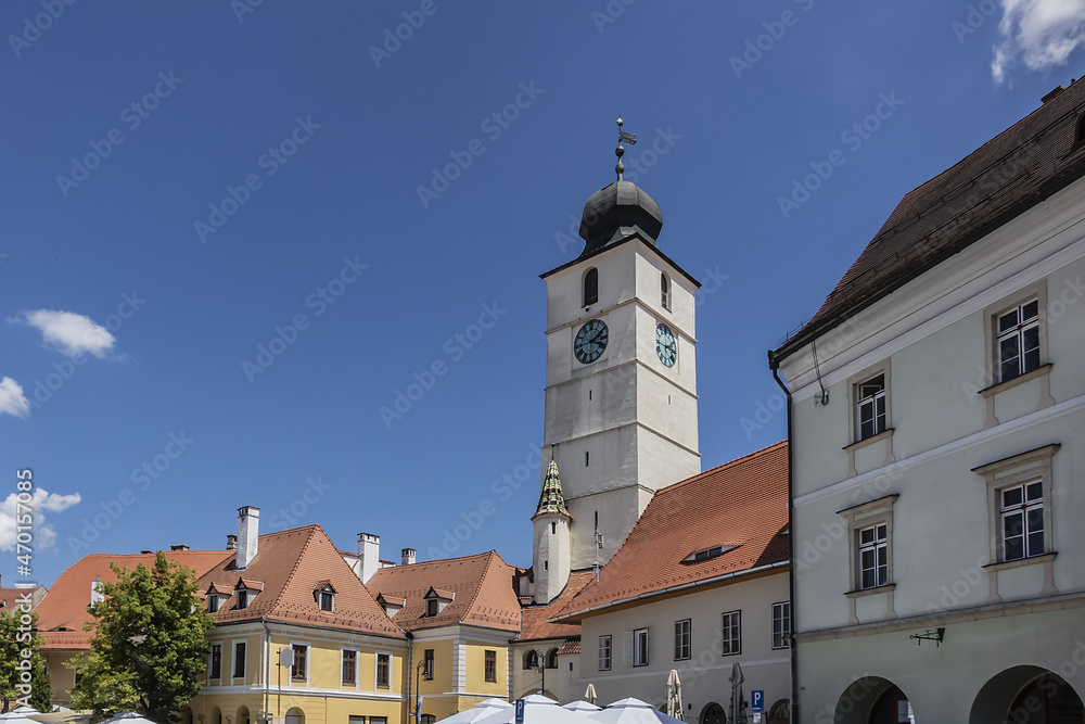 Naklejka premium 12th century Council Tower of Sibiu (Turnul Sfatului or Hermannstadter Ratsturm) - tower situated in Sibiu Historic center. Sibiu city, Transylvania, Romania.