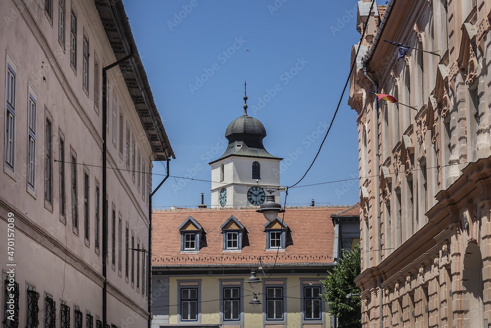 12th century Council Tower of Sibiu (Turnul Sfatului or Hermannstadter Ratsturm) - tower situated in Sibiu Historic center. Sibiu city, Transylvania, Romania.