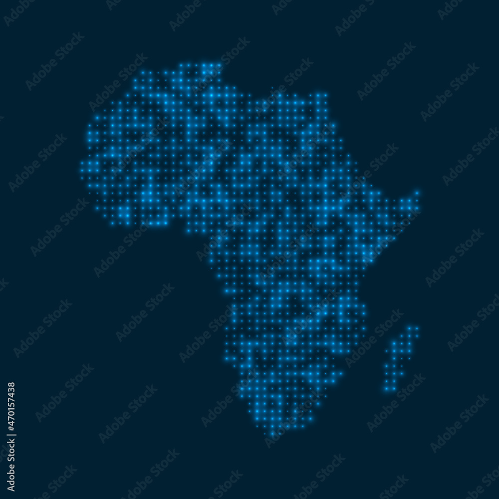 Africa dotted glowing map. Shape of the continent with blue bright bulbs. Vector illustration.