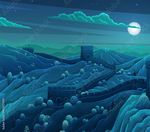 World famous landmark - Great Chinese Wall beautiful night landscape, monumental giant structure. Chinese prominent sight with watchtowers and wall sections on green mountains for travel and tourism