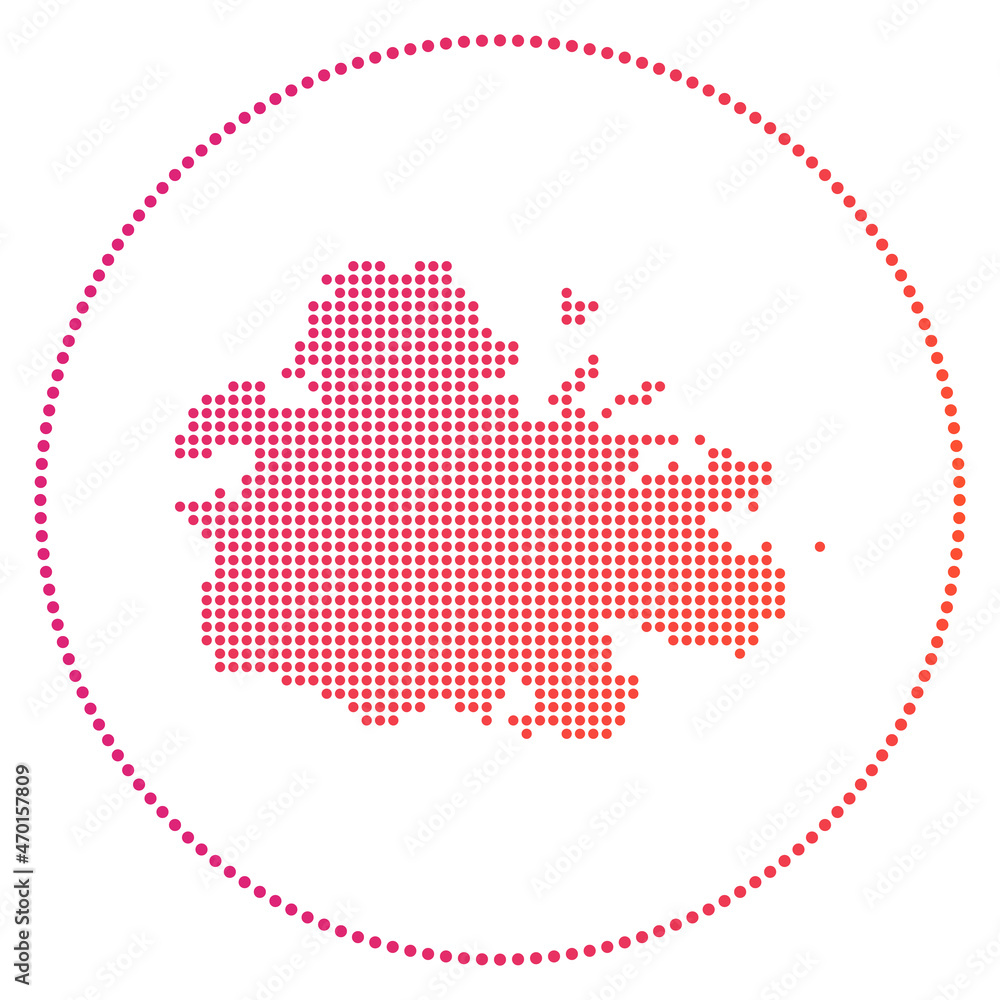 Antigua digital badge. Dotted style map of Antigua in circle. Tech icon of the island with gradiented dots. Cool vector illustration.