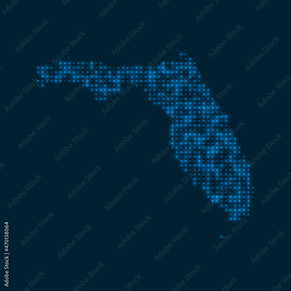 Florida dotted glowing map. Shape of the us state with blue bright bulbs. Vector illustration.