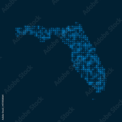 Florida dotted glowing map. Shape of the US state with blue bright bulbs. Vector illustration.