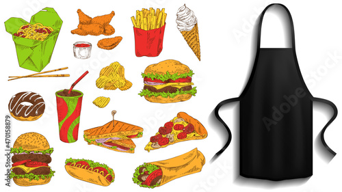 Protective garment for cooking near food icons. Clothes for work in kitchen, element of clothing for cooking. Chef clothing with long straps. Apron for cooking in kitchen next to fastfood dishes