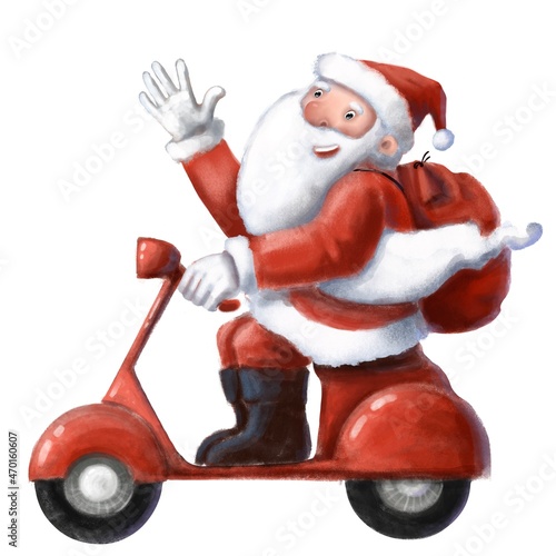 Santa Claus drive the scooter, holiday illustration, watercolor style clipart with cartoon character © MiriShagal
