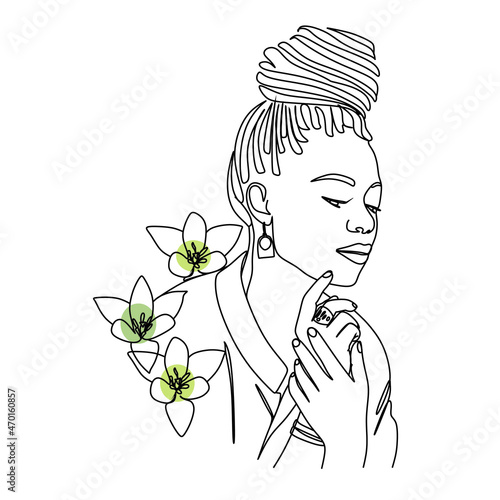 Line Art Woman Face Drawing. Black Woman Vector. Afro American Female Logo. Contouring Line. Minimalist Face. Beauty salon