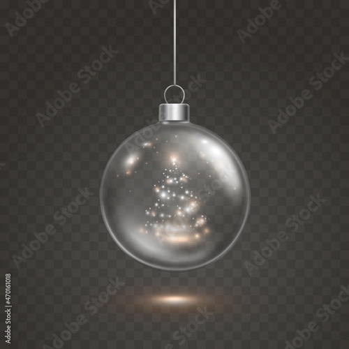Christmas tree empty ball with sparkle lights isolated on transparent background. Vector translucent magic glass xmas bauble template