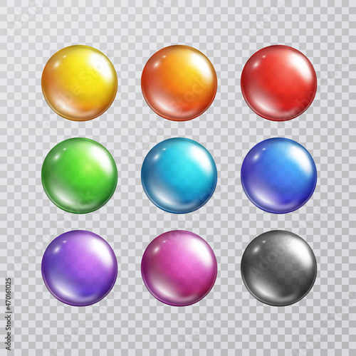 Button set isolated on transparent background. Vector plastic blank badge, pin mockup. 3d glossy candy, circle shape magnet, tag or round glass label collection