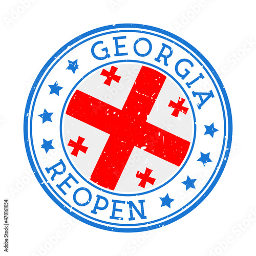 Georgia Reopening Stamp. Round badge of the country with the flag of Georgia. Reopening after lockdown sign. Vector illustration.