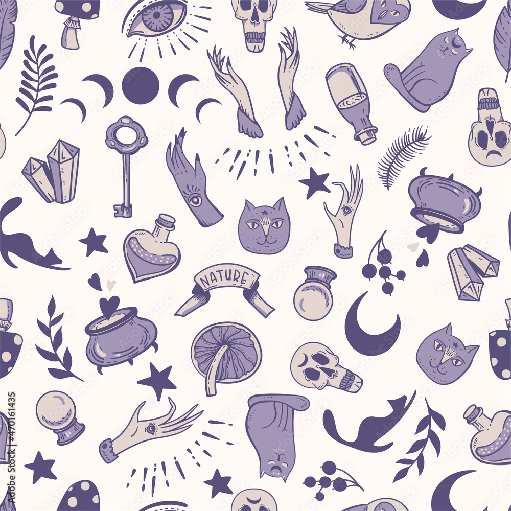Fototapeta premium Witchcraft seamless pattern with woman hands, skull and moon. Celestial texture.