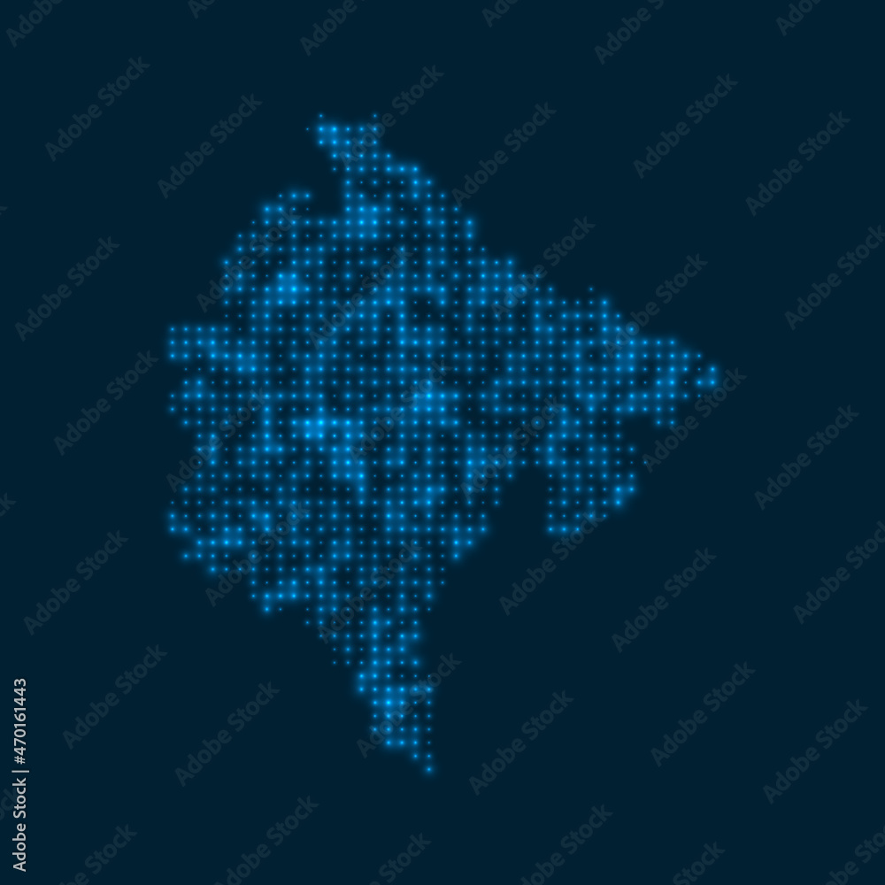 Montenegro dotted glowing map. Shape of the country with blue bright bulbs. Vector illustration.