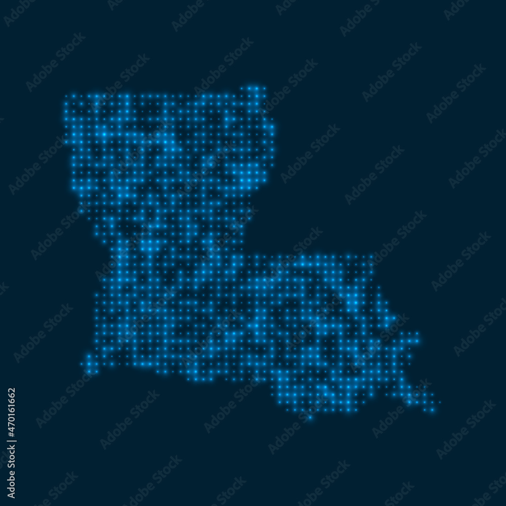 Obraz premium Louisiana dotted glowing map. Shape of the US state with blue bright bulbs. Vector illustration.