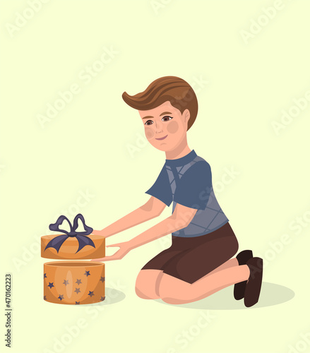 A little boy unpacks a gift box. Vector illustration in cartoon style