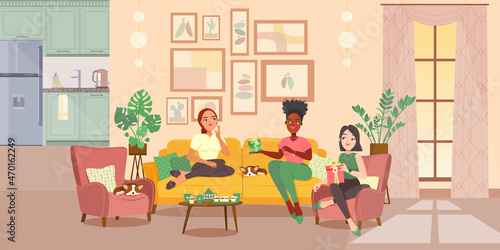 Happy women having fun at a birthday party. Concept of characters friends or relatives celebrating a holiday. Home interior scene. Flat style vector illustration.