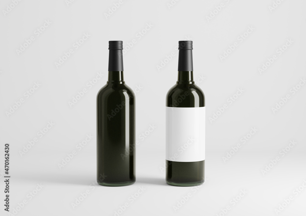 Blank black wine bottle with glasses on the empty background Blank black wine bottle with glasses on the empty background