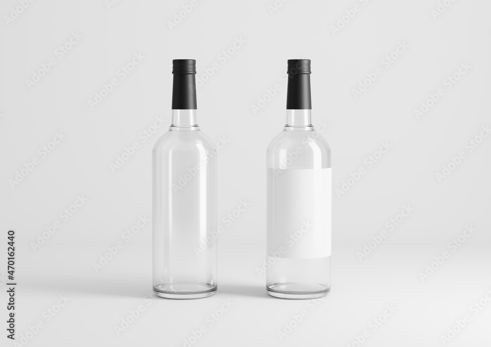Blank transparent wine bottle with glasses on the empty background Blank transparent wine bottle with glasses on the empty background